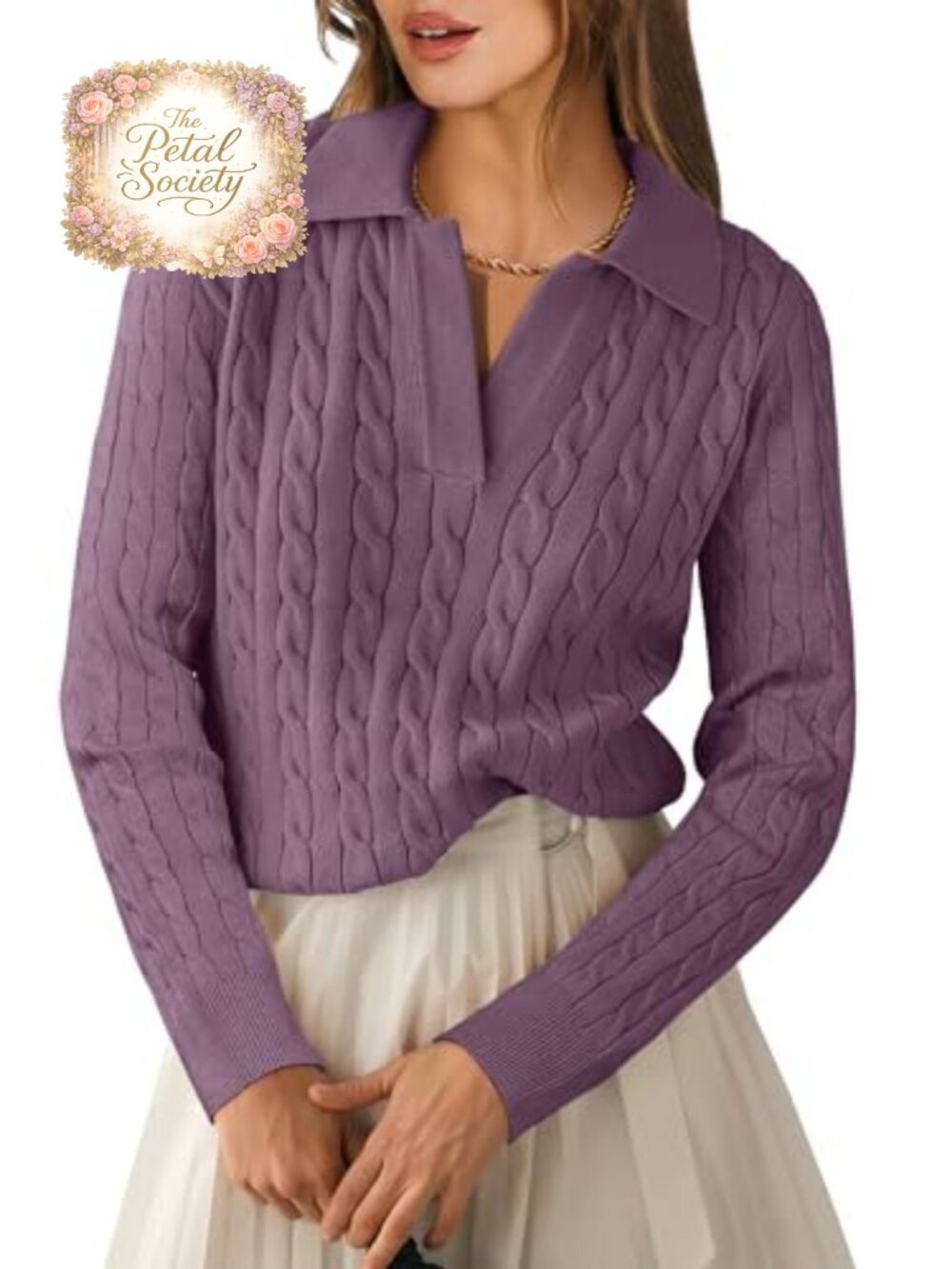 Cable Knit Polo Sweater Long Sleeve Pullover Fall Business Casual Top